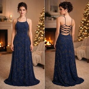 Vintage 100% Silk Navy Blue Beaded Shimmer Gown Dress Strappy Back